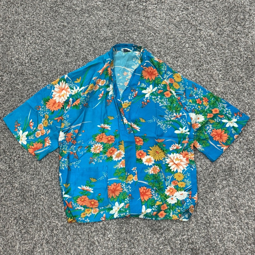 Vintage 60s Hawaiian Floral Kimono Short Sleeve Tropical Botanical Wmns One Size
